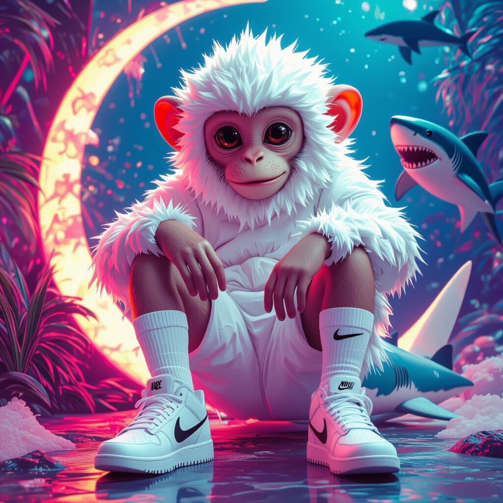 Surreal Moon Monkey with Shark Legs in Whimsical Style