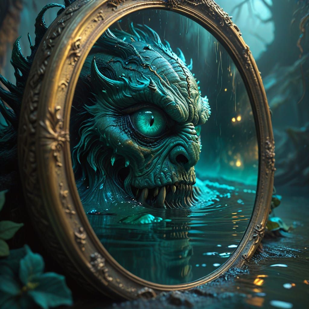 Monster in Rose Mirror with Aqua Eyes, Dark Fantasy Art