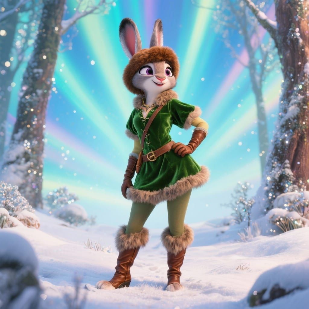 Sassy Rabbit in Robin Hood Outfit in Snowy Forest