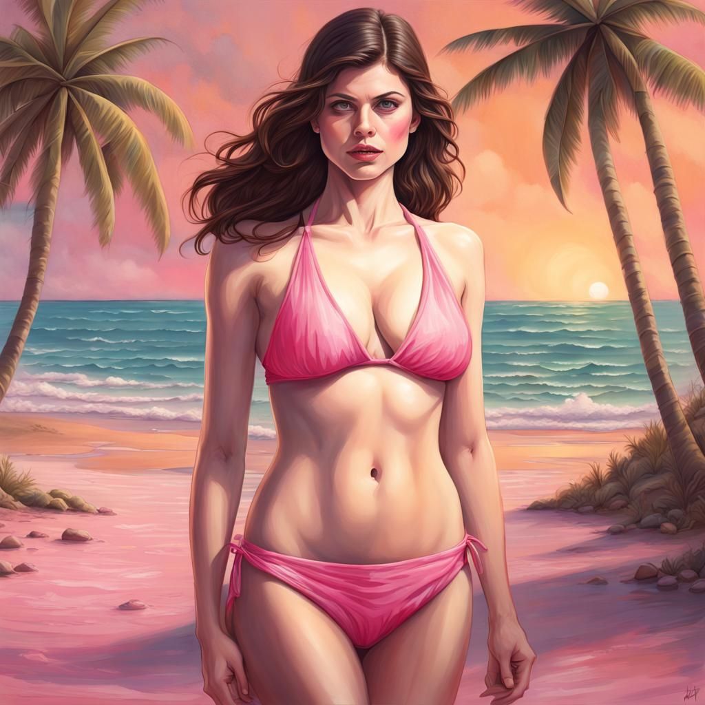 Hyperrealistic Portrait: Woman in Pink Bikini on Beach