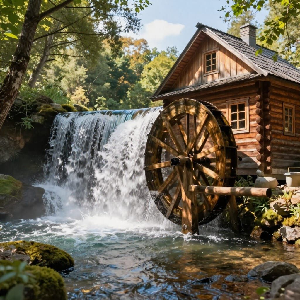 Majestic Waterfall and Waterwheel by a Sunny Stream