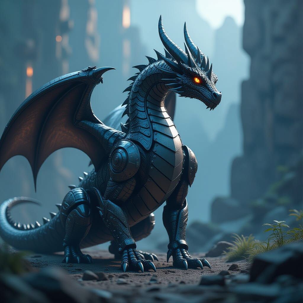 Polished Metal Dragon with Intricate Mech Details