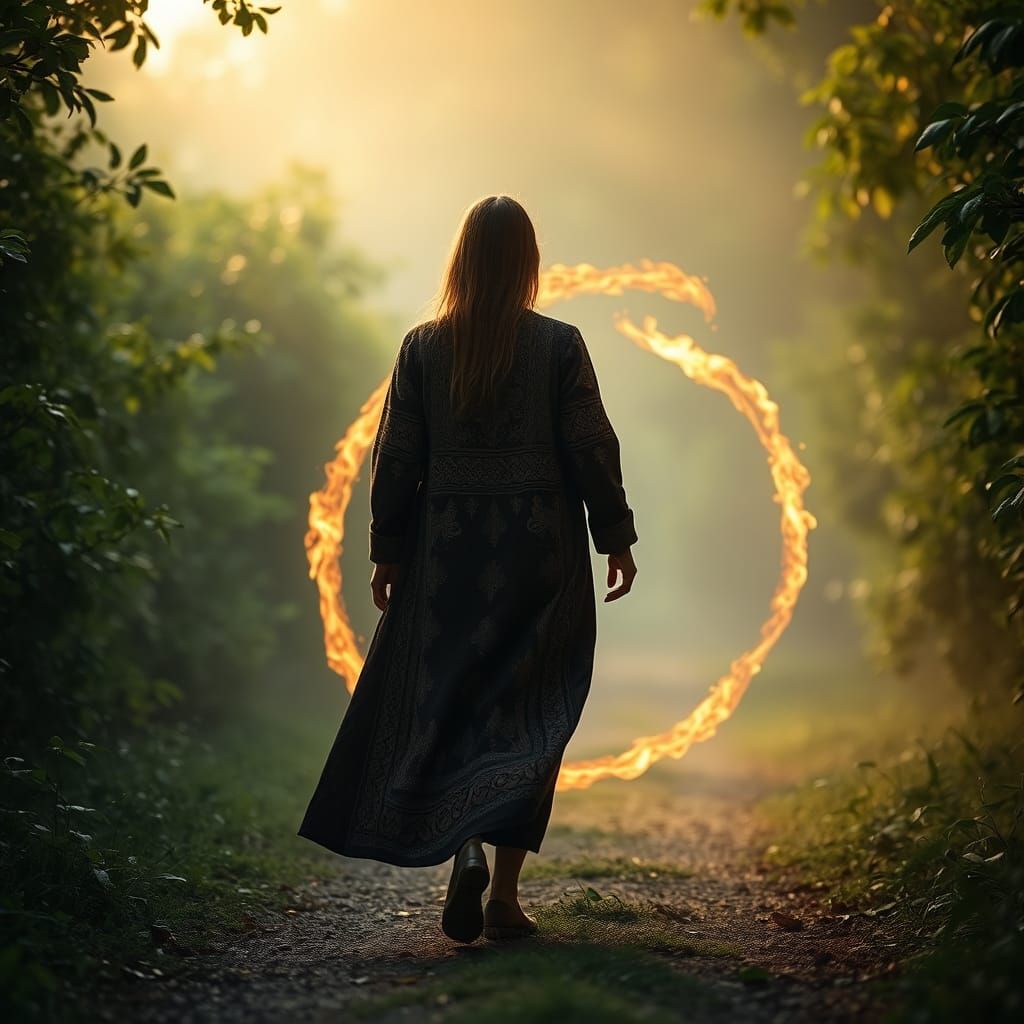 Ethereal Ring of Fire Follows Walker on Misty Path