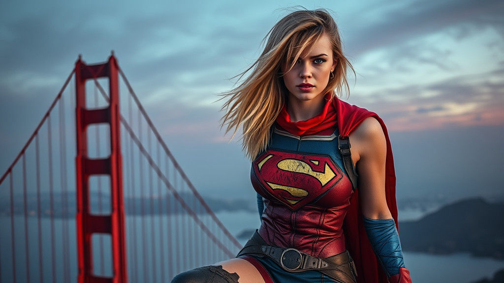 Punk Rock Supergirl on Golden Gate Bridge in Cyberpunk Style