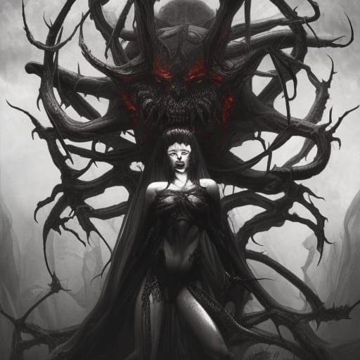 Demon Lady on Throne, Sinister Horror Portrait