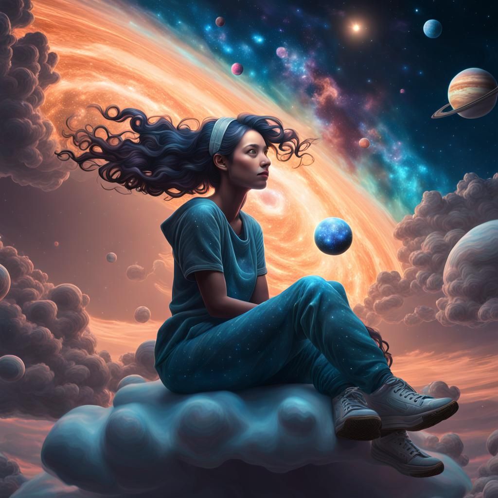 Woman on Cloud Gazing at Stars in Hyperreal Style