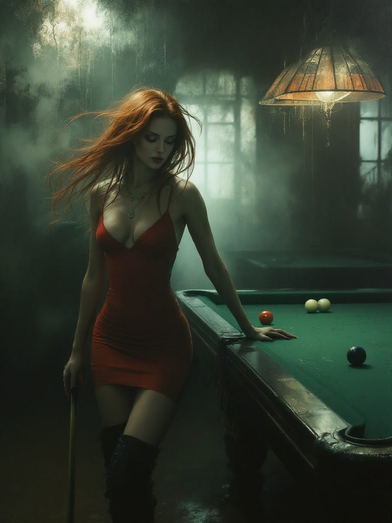 Woman with Red Hair Holds Pool Cue in Dimly Lit Hall