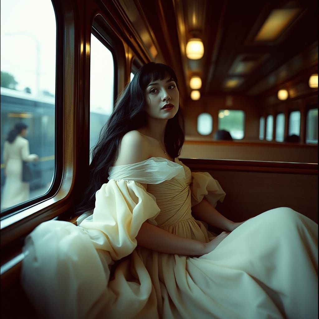 Ethereal Lady in Vintage Train Car: Film Noir Style