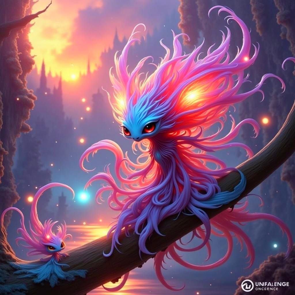 Whispers in the Trees: Ethereal Wisp Creatures Amidst Sunset...