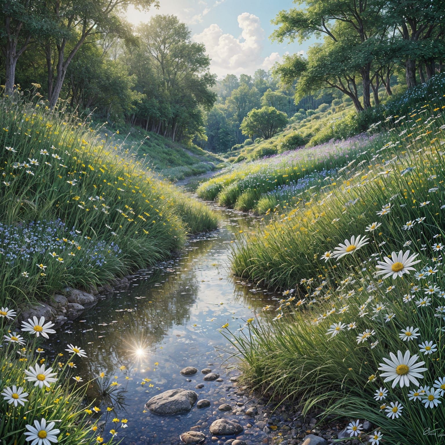 Vibrant Summer Landscape in Watercolor Style