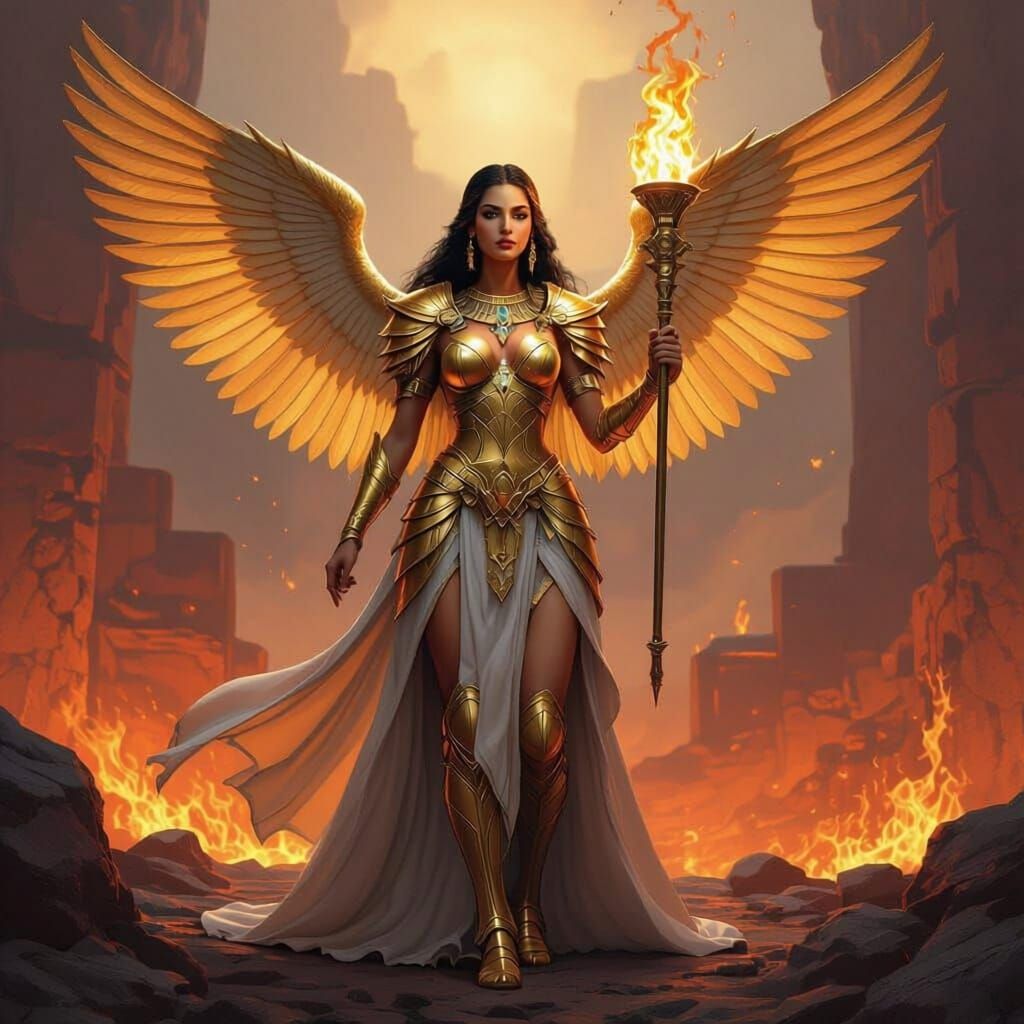 Winged Warrior Victorious in Golden Armor Holding Torch