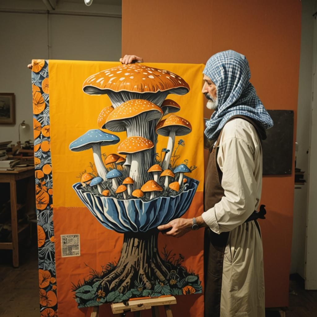 Giant Mushroom Cultivation: A Linocut Scene