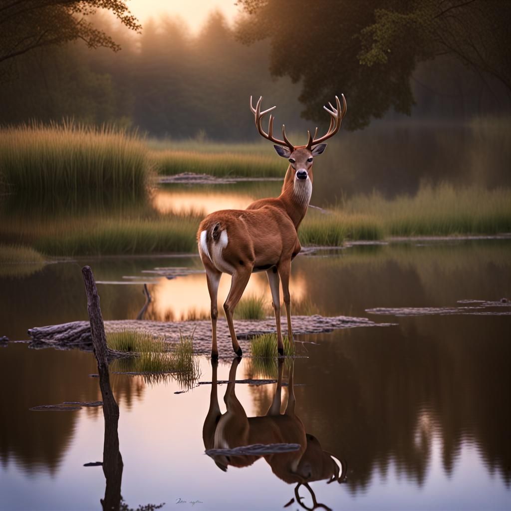 Graceful Deer Drinking at Dawn: Matte Painting
