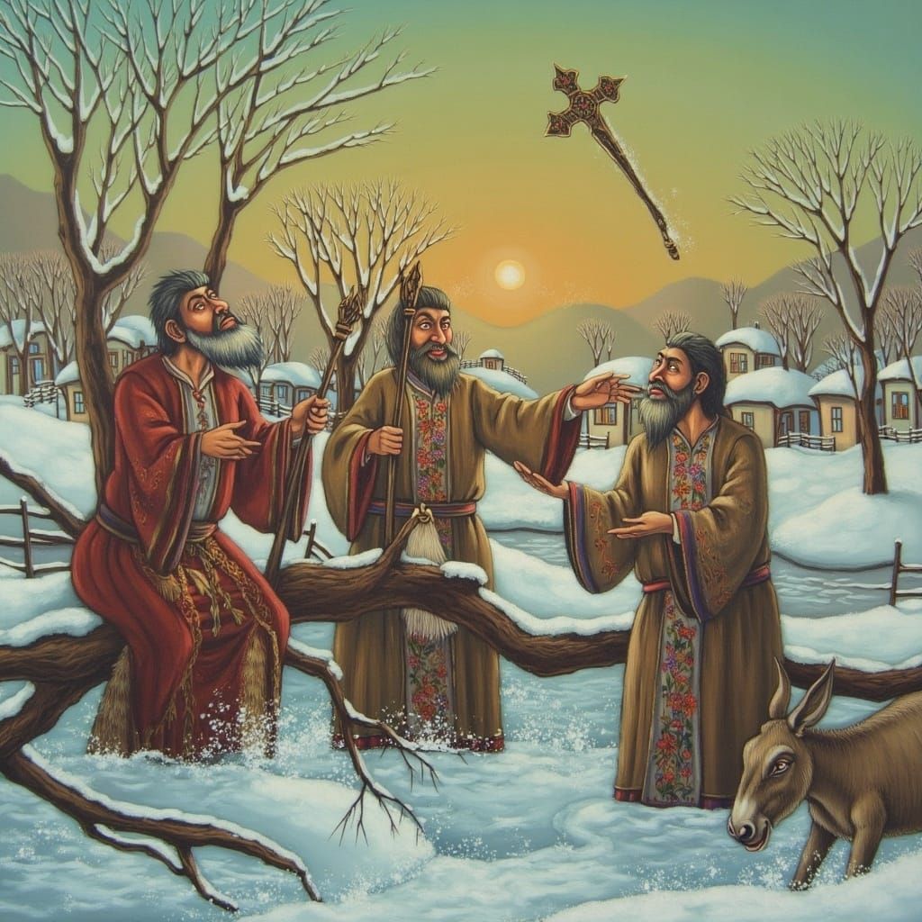 Orthodox Priests in Frozen River, Naive Art Style