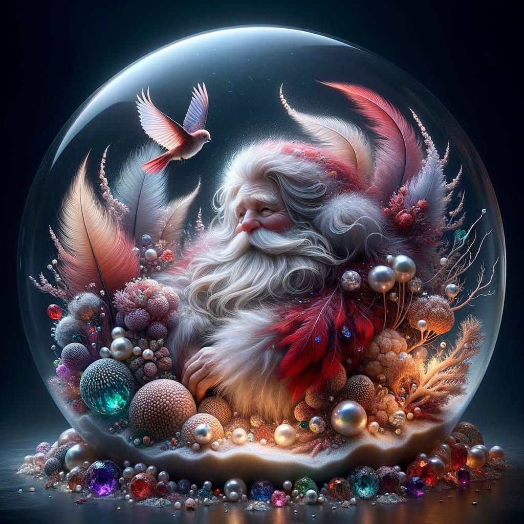 Santa Claus curled up inside a perfectly clear glas