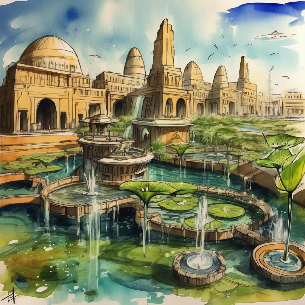 Egyptian Utopia: Watercolor and Ink Science Fiction Sketch