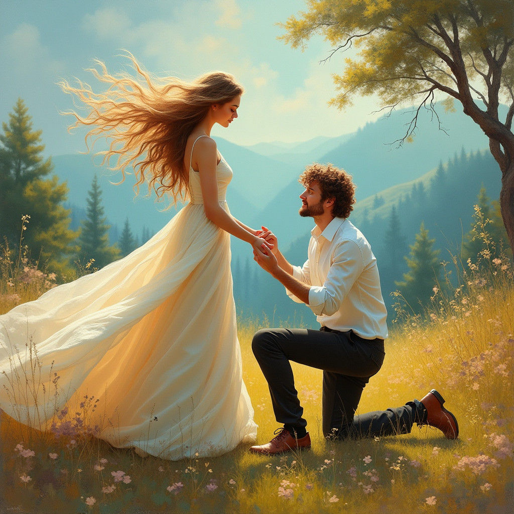 Romantic Proposal in Windswept Gouache Landscape