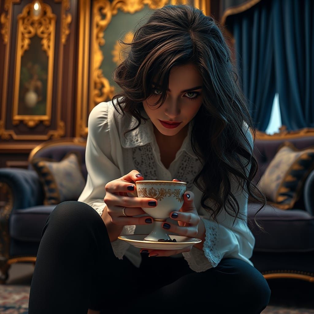 Mystical Woman with Coffee in Luxurious Setting