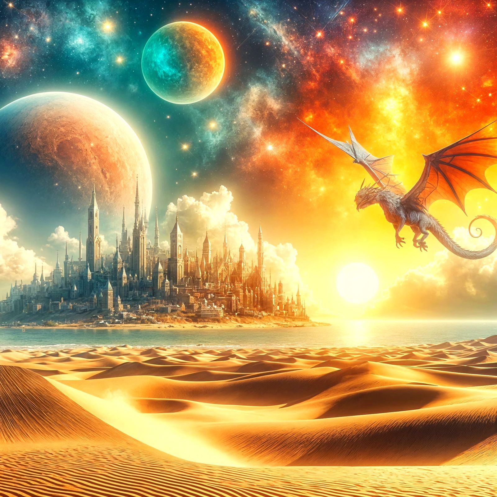 Alien Desert Mirage with Two Suns and Dragon