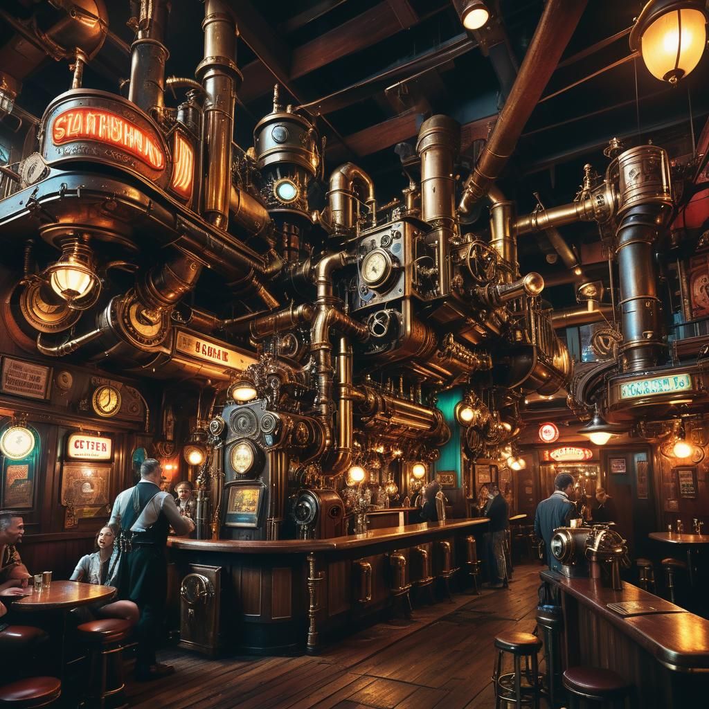 Steampunk Dive Bar with Vintage Sci-Fi Influence