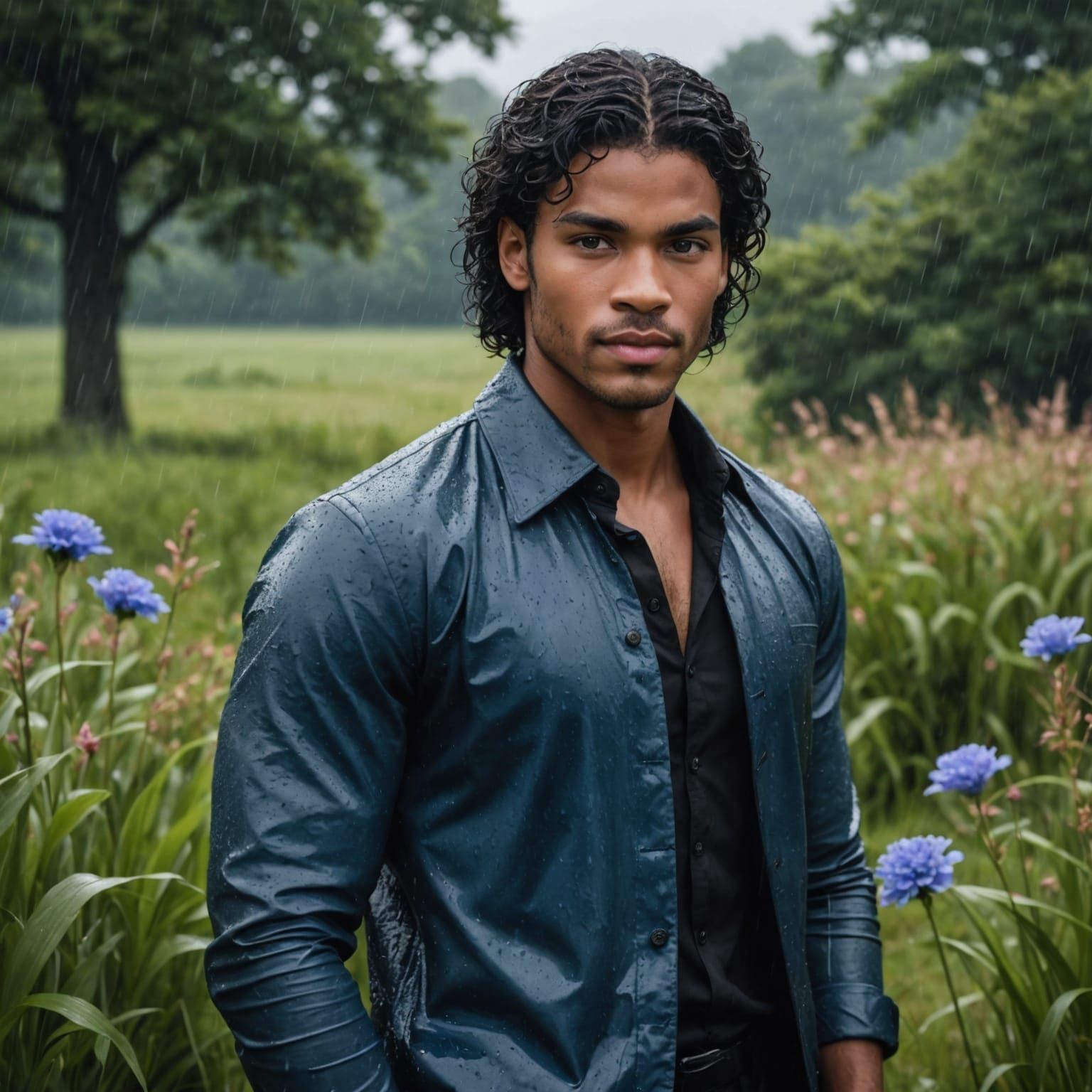 Ethereal Biracial Prince in Rainy Landscape, Realistic 8k