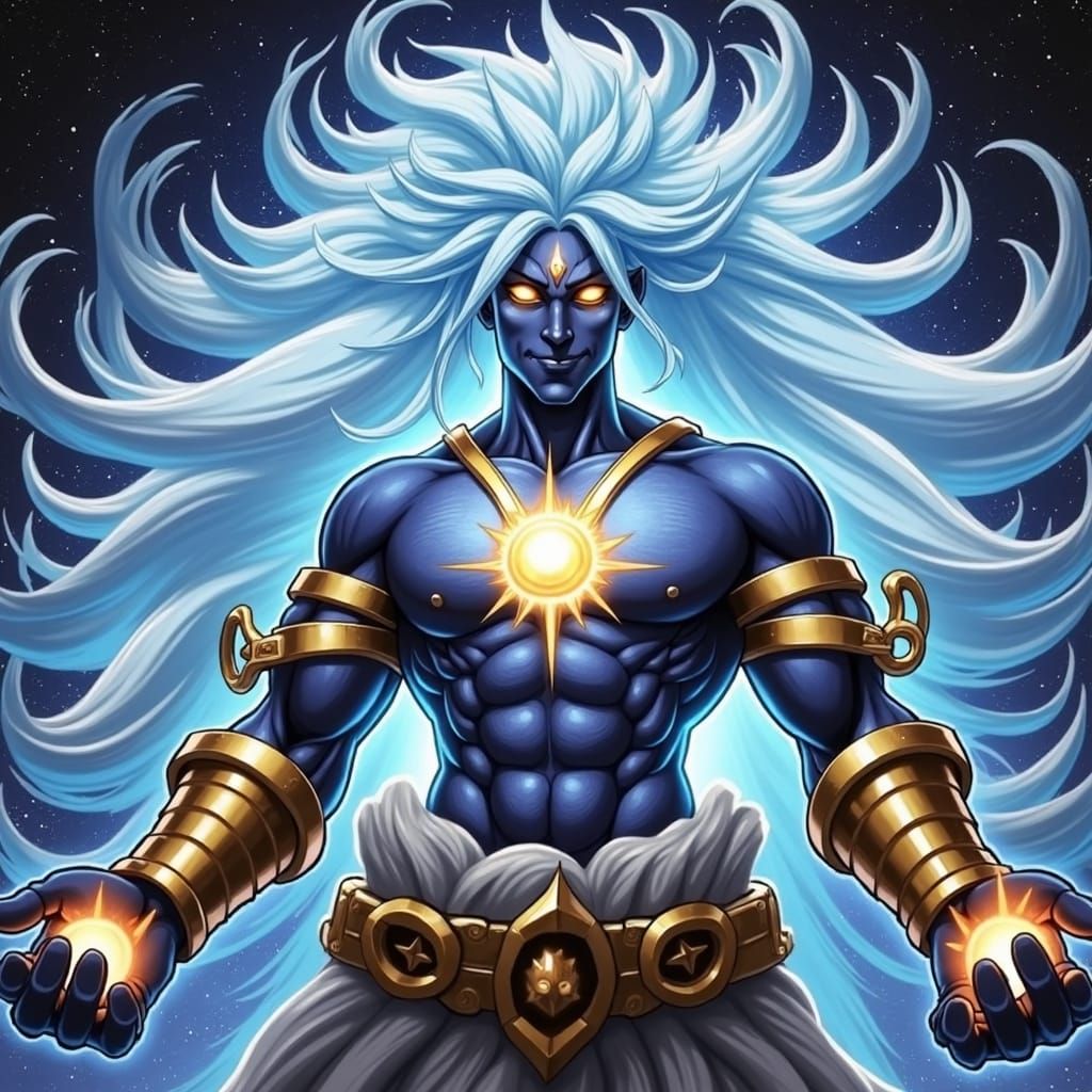 Godlike Figure with Galaxy Skin and Flame Aura