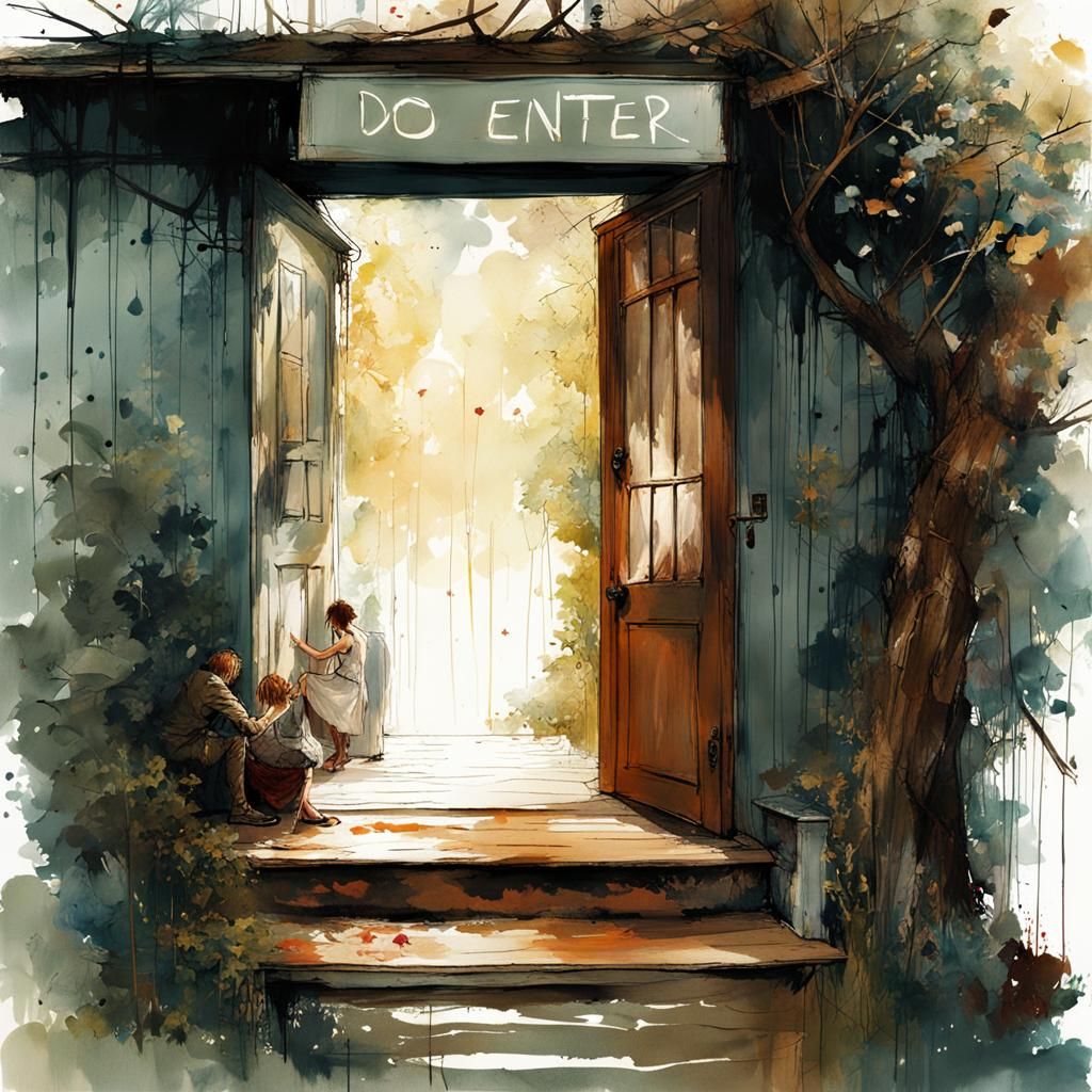 Whimsical Treehouse Scene with Watercolor Splash Art