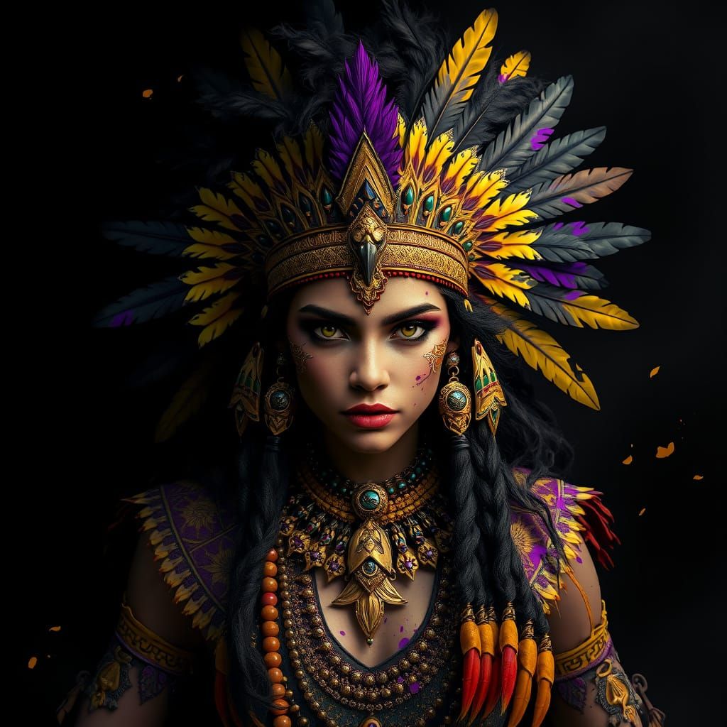 An Aztec princess emerging from the shadows of a dramatic bl...