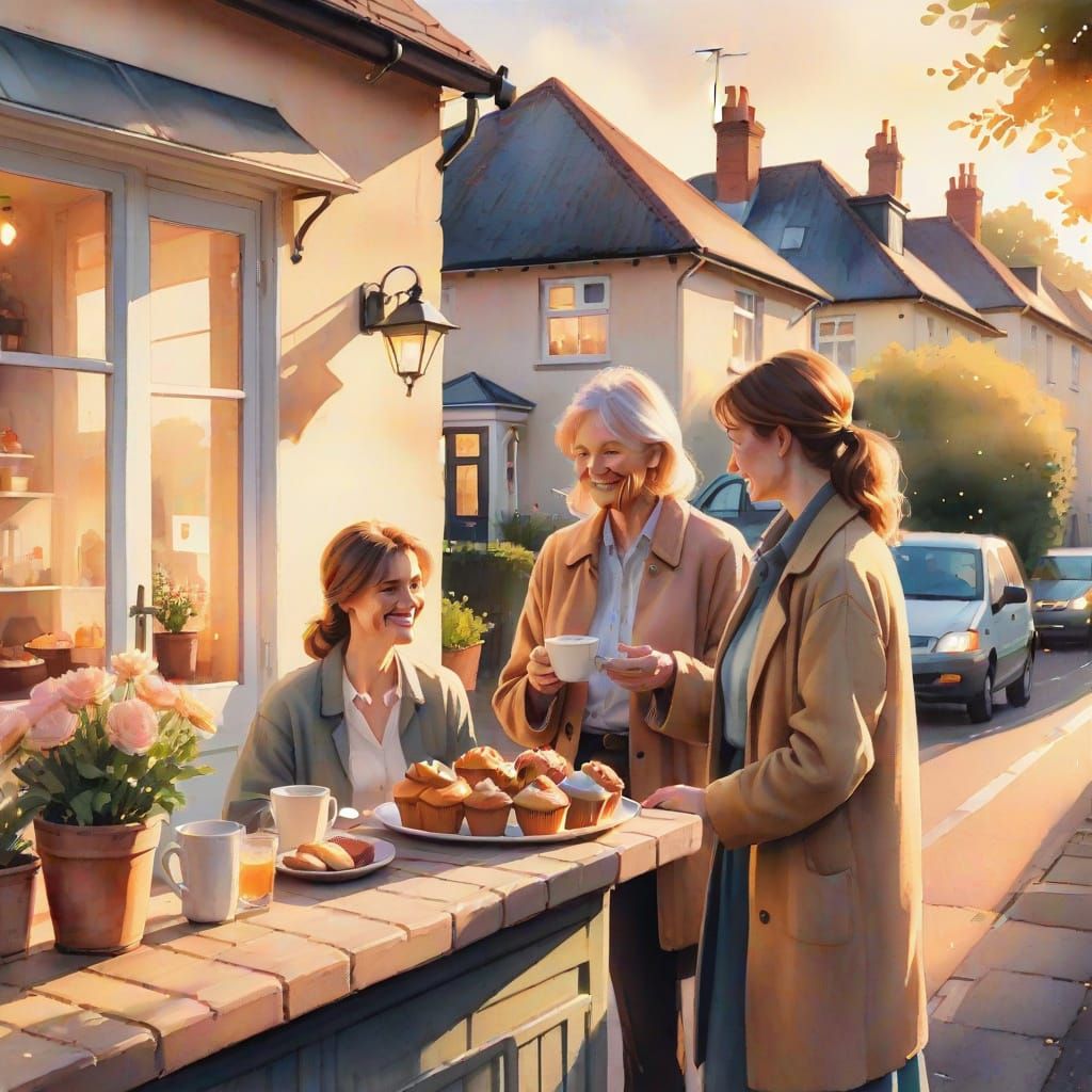 Neighbours Share Muffins in Cosy Realism Scene