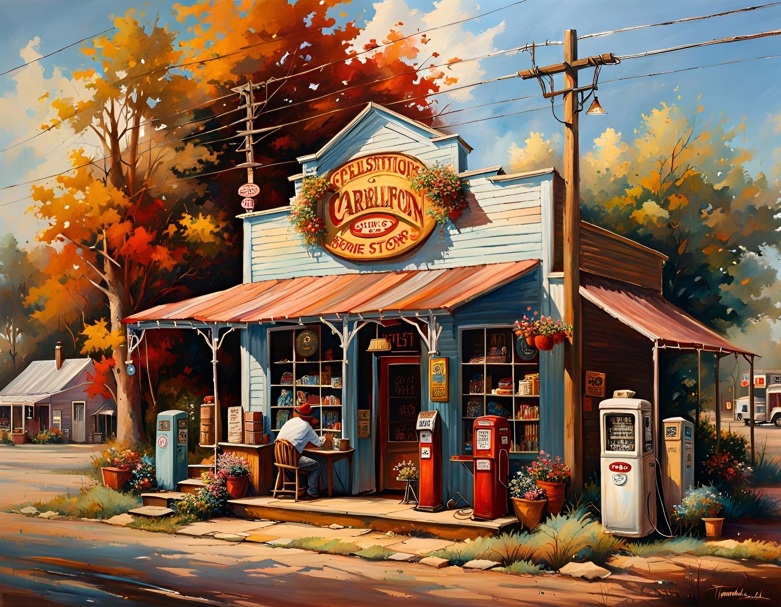 Quaint Texas Town with Country Store: Oil Painting