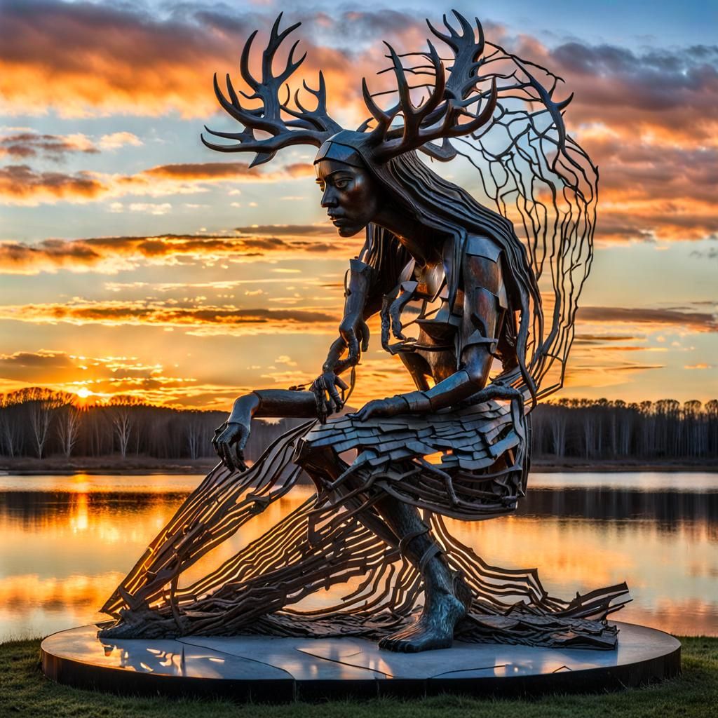 Surreal Antlered Woman Sculpture at Sunset