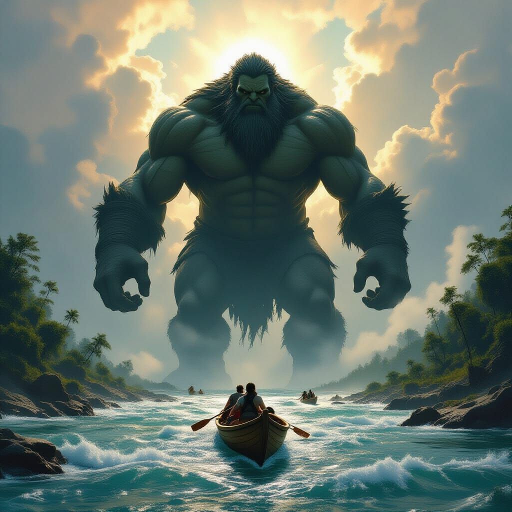 Giant Strides Across River, Tiny Canoe Navigates Below