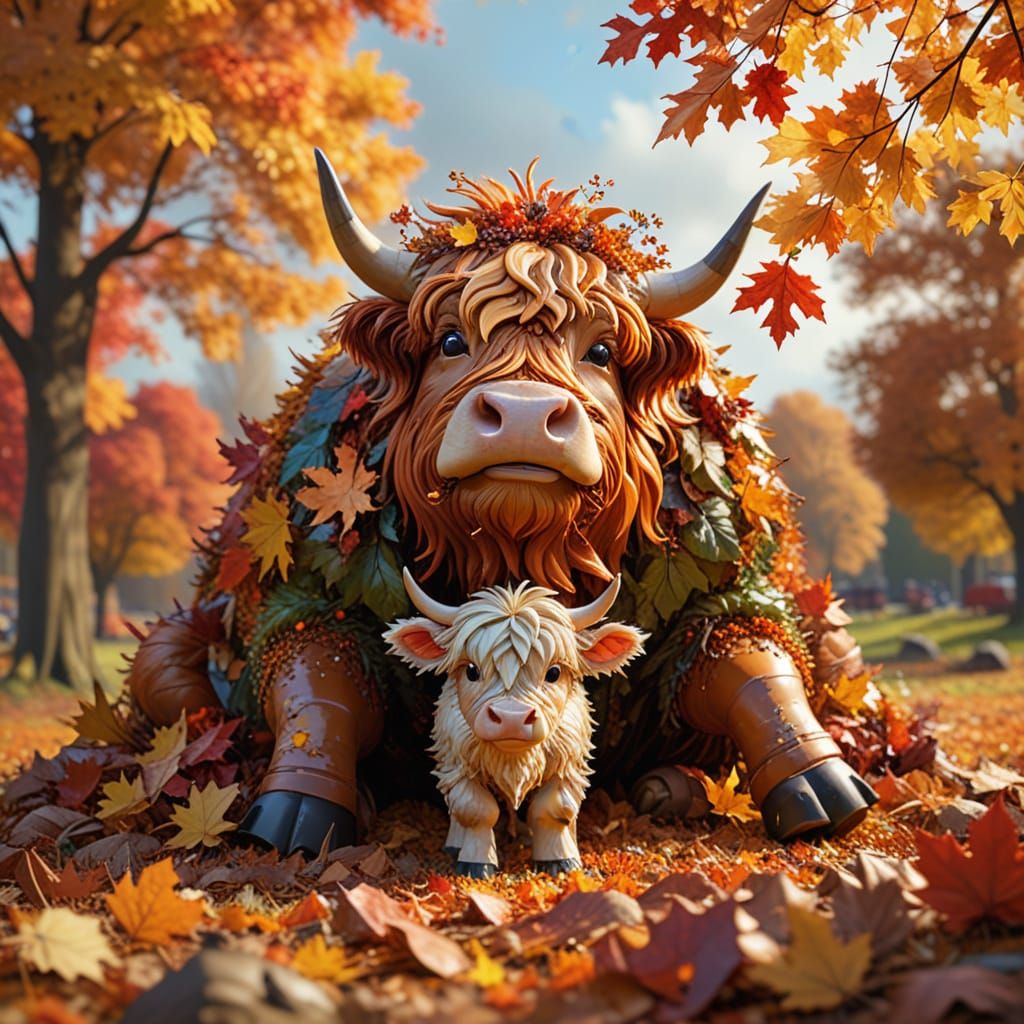 Adorable Baby Highland Cow Hiding in Autumn Leaves