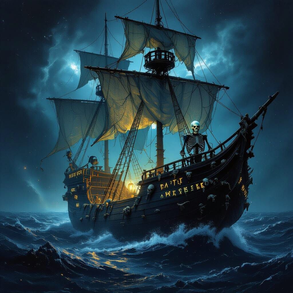Spectral Galleon in Cosmic Sea, Dark Painterly Style