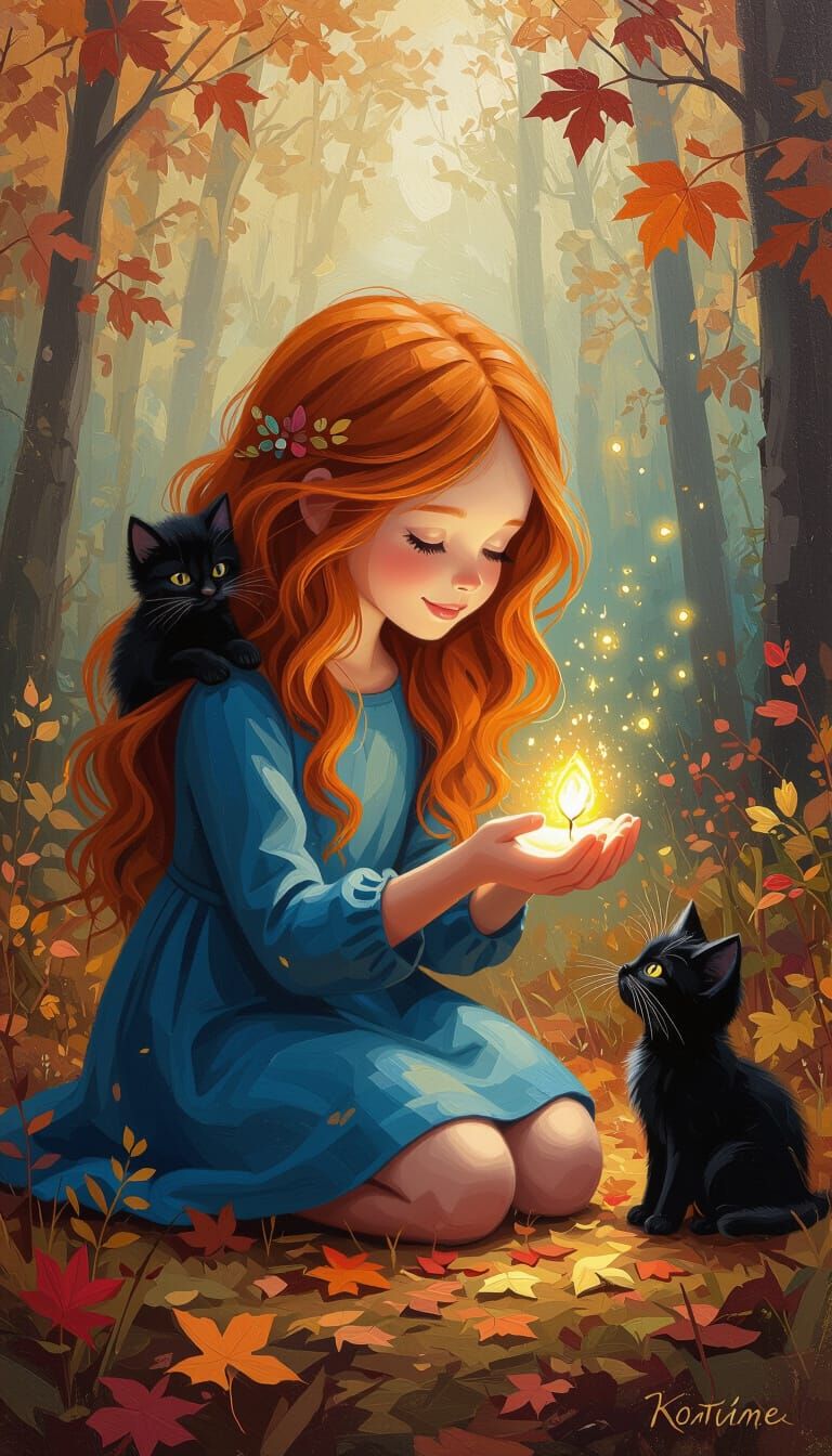 Cozy Autumn Forest Scene: Girl Finds Glowing Seed