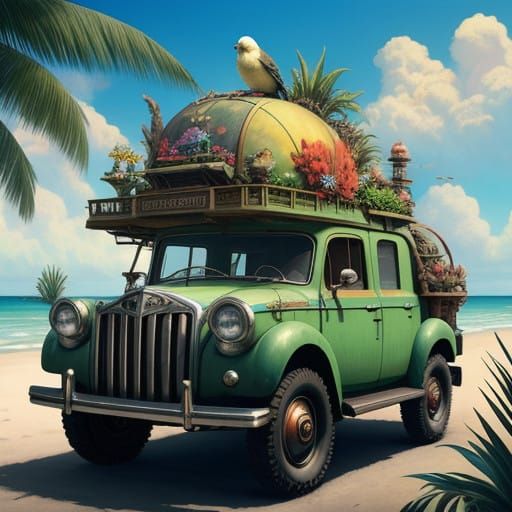 Vintage Futuristic Cars on Tropical Beach