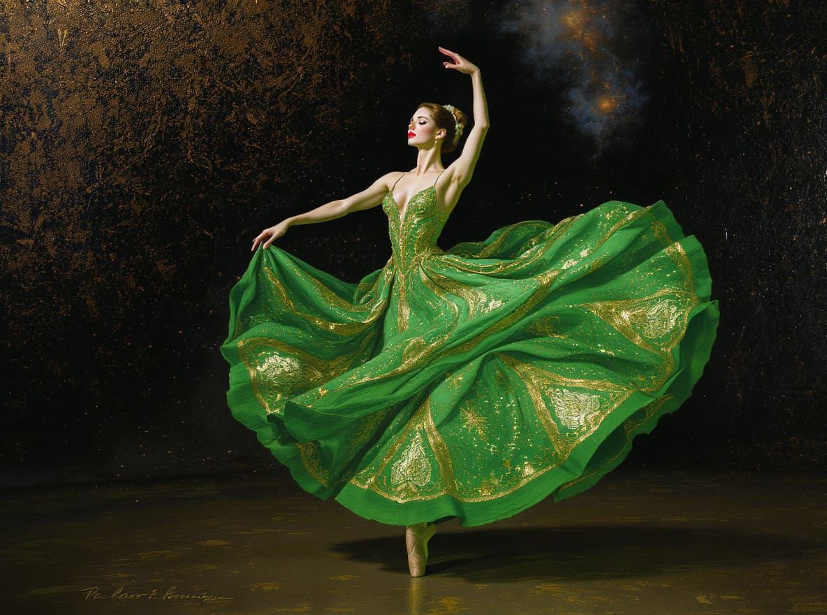 Elegant Ballerina in Textured Green Dress with Golden Patter...