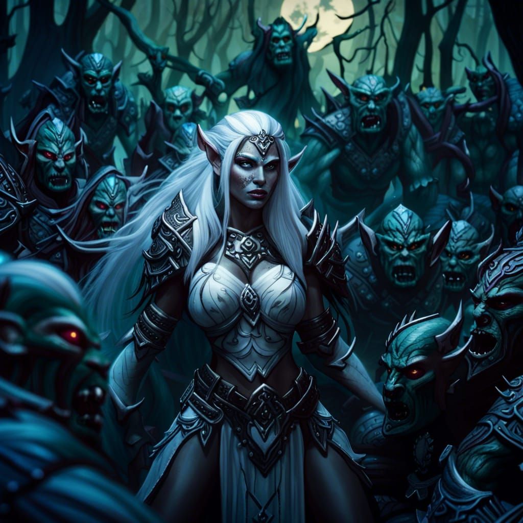 Alone night elf warrior against orcs