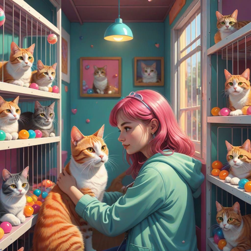 Loving Cat and Woman in Candy Art Style