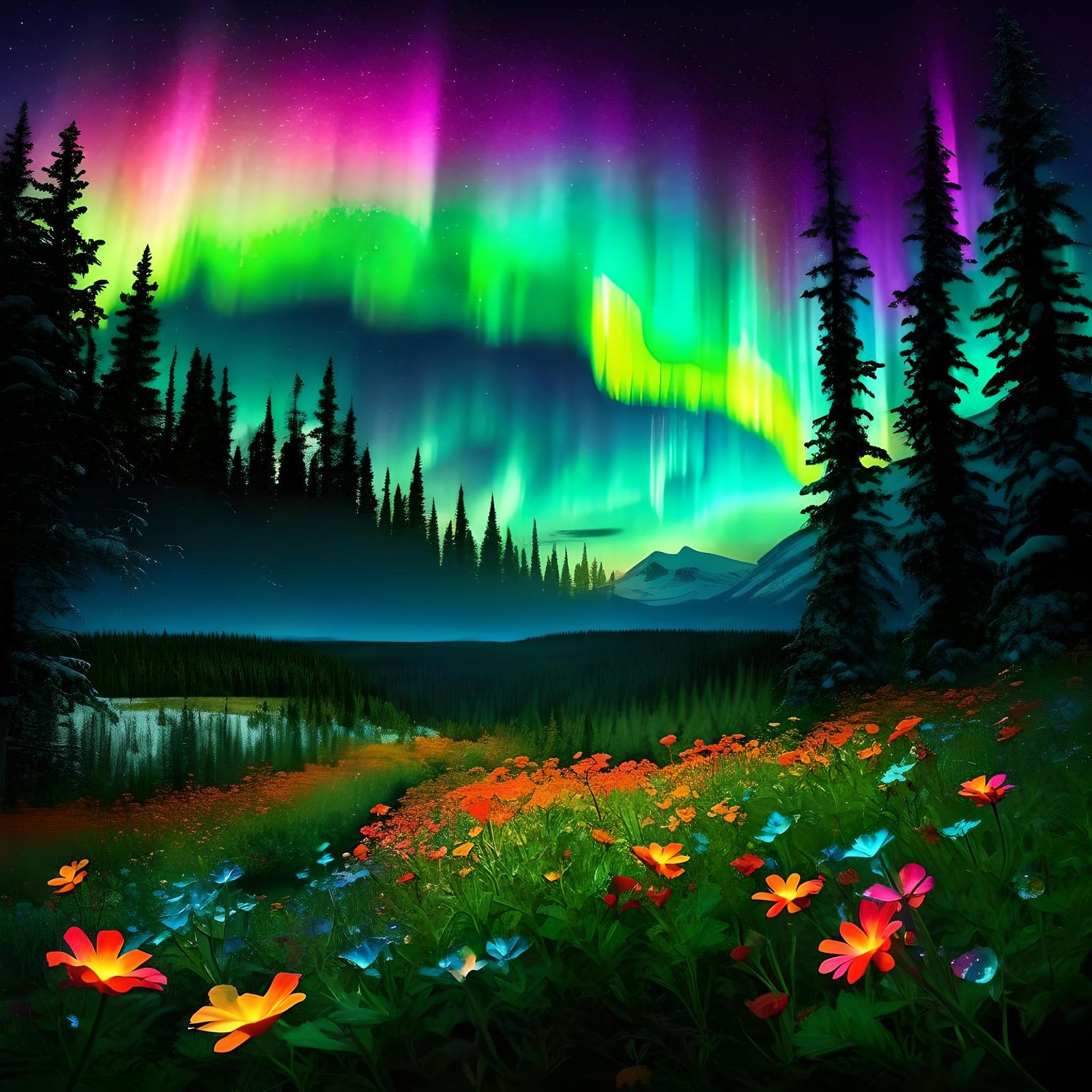 Butterfly Aurora Borealis Over Forest Sunset