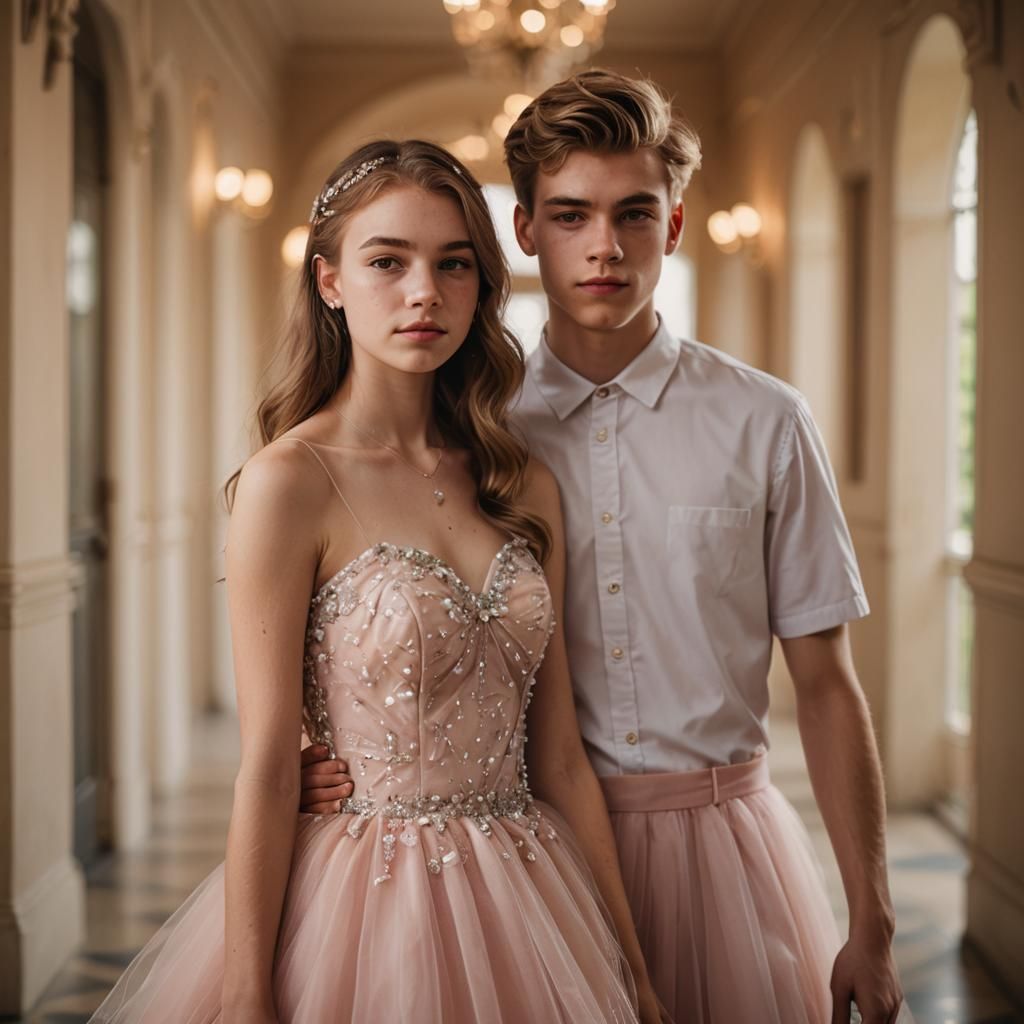 Teenage Boy in Prom Dress Posing with Girlfriend