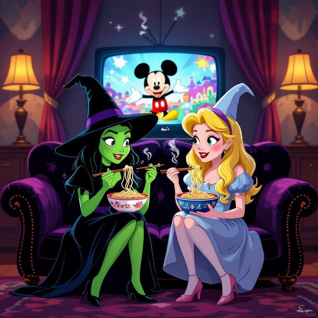 Wicked Characters Enjoy Noodles While Watching Mickey Mouse