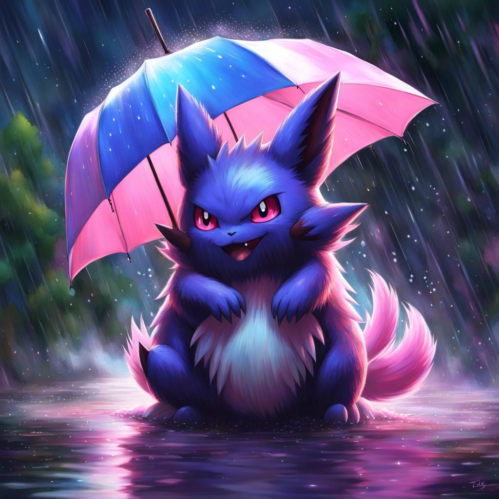 Hyperrealistic Gengar Hugging Sylveon in the Rain