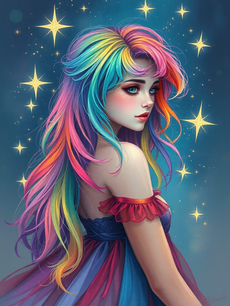 Celestial Woman with Rainbow Hair in Ethereal Style
