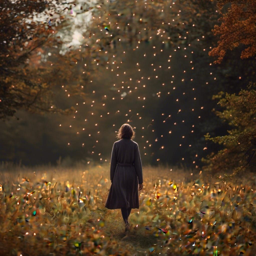 Woman Walks Through Autumn Field with Fireflies