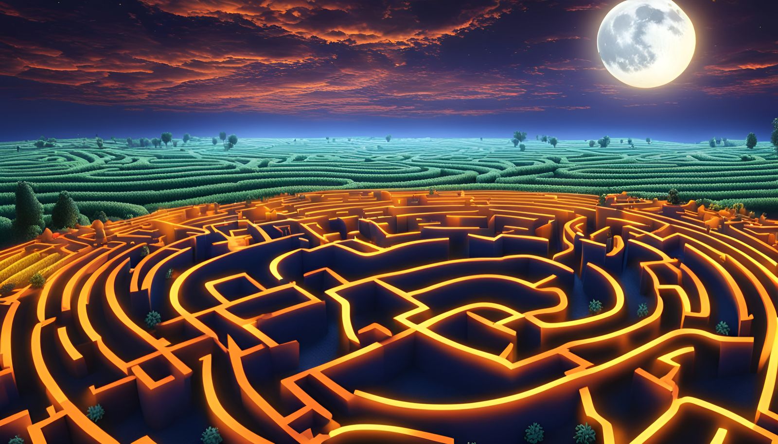 Glowing Harvest Maze Under Magical Moon in 3D