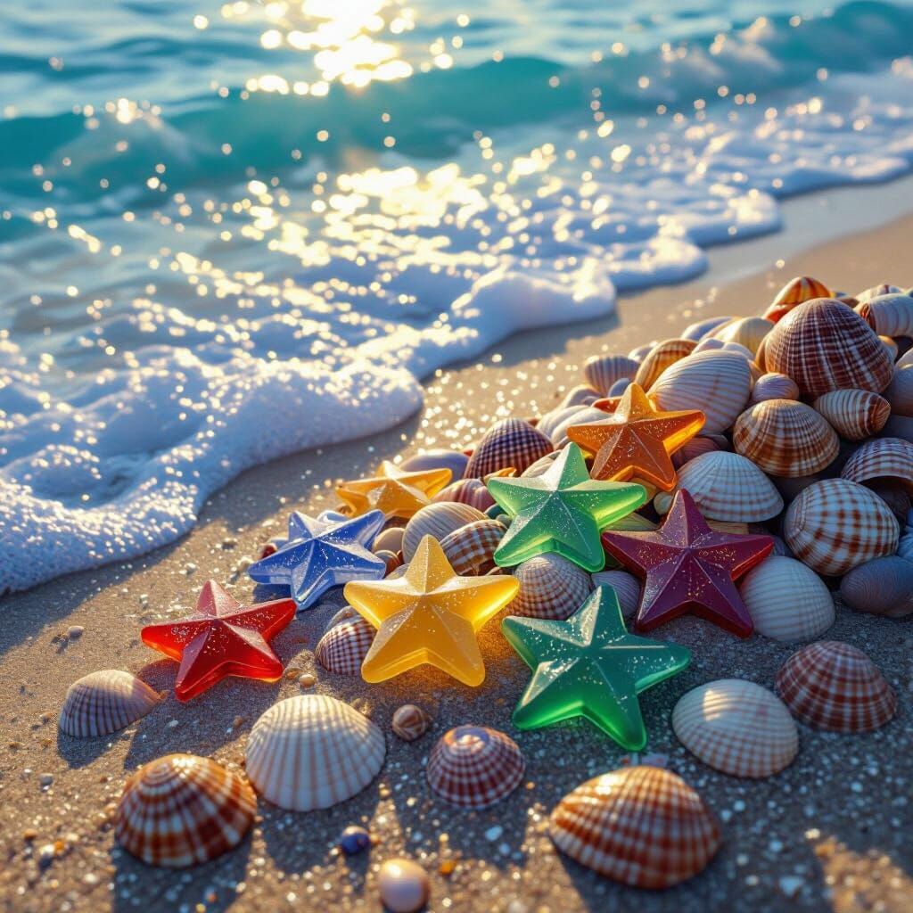 Colorful Sea Glass Stars on Sandy Beach with Shells
