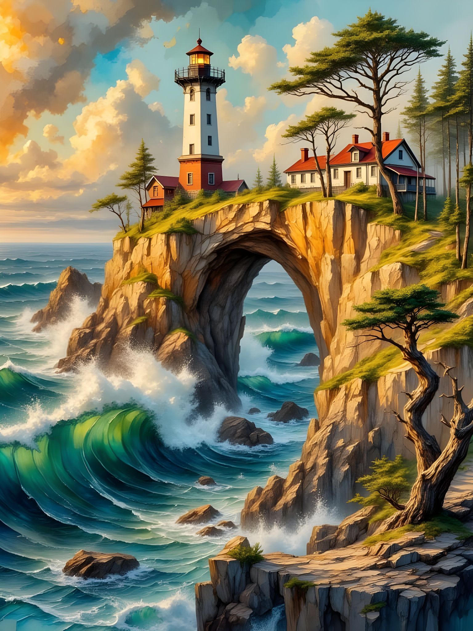 Lighthouse at Deception Pass: Watercolor Oil Painting