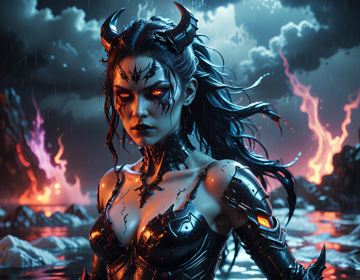 Cyberpunk Lilith on White Marble, 3D Render