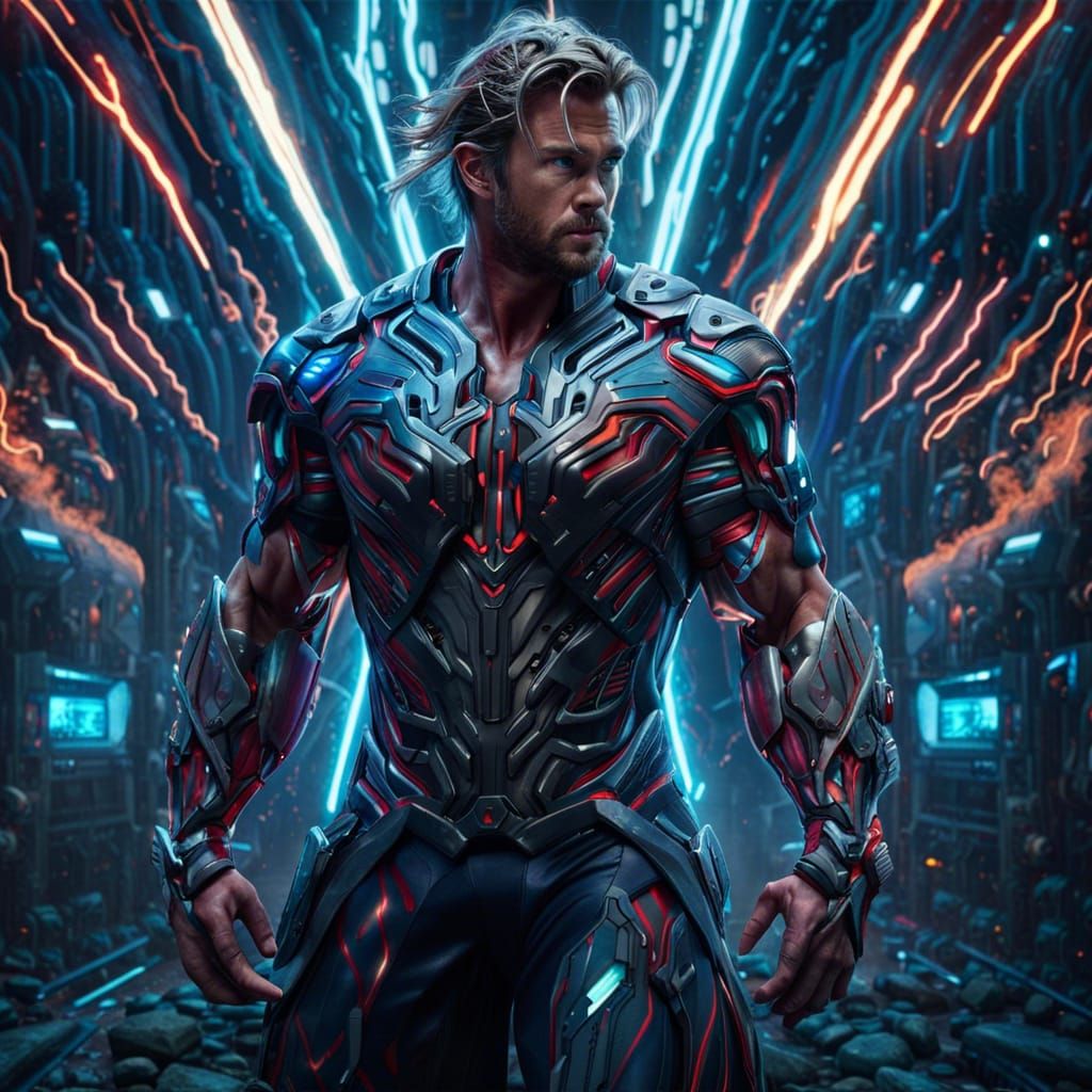 Cyberpunk Thor Controlled by Ultron: Detailed Digital Art